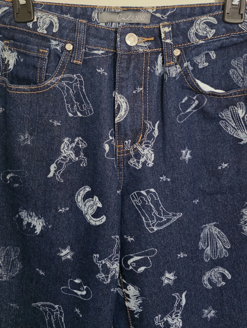 Calu 1850 Western Print Dark Blue Denim Wide Leg Jeans - Picture 10 of 17